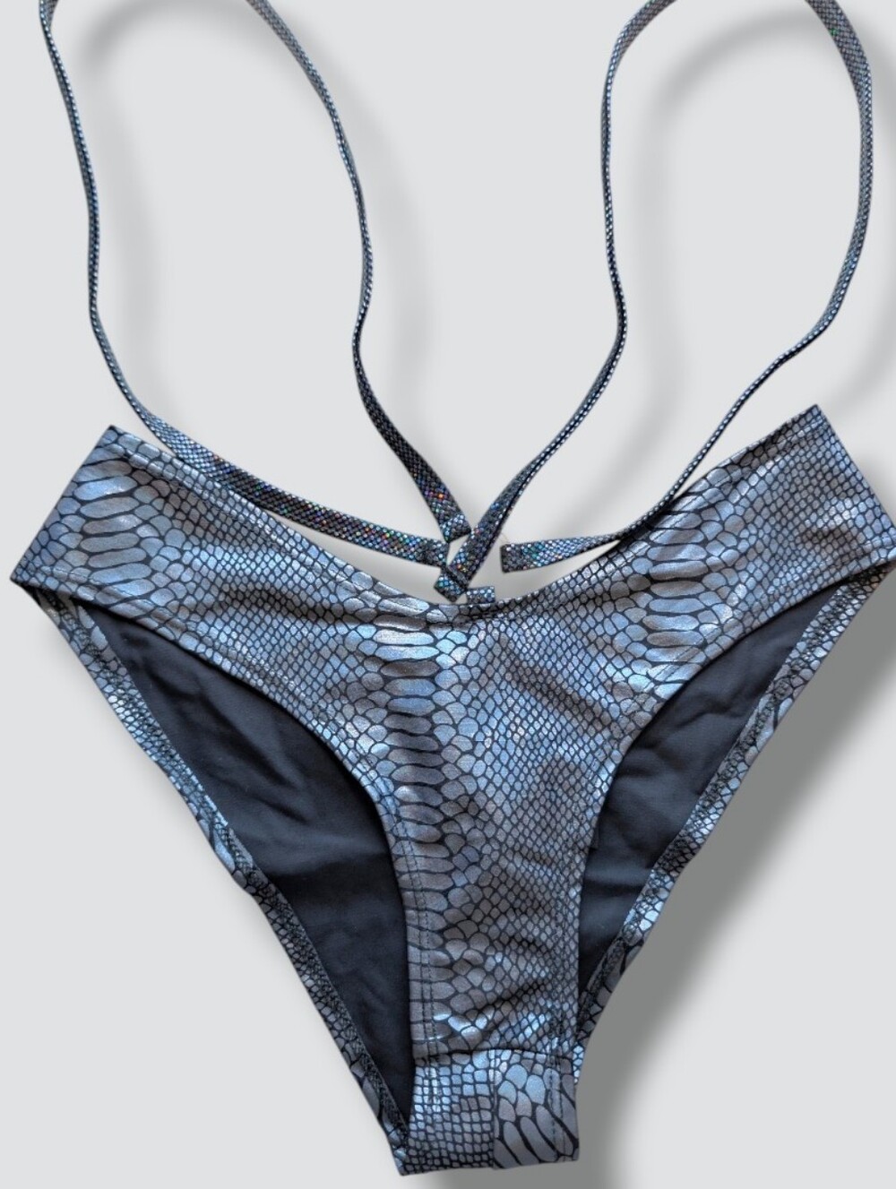 J. Valentine Blue Metallic Snakeskin Strappy Ring High Cut Bikini Bottoms